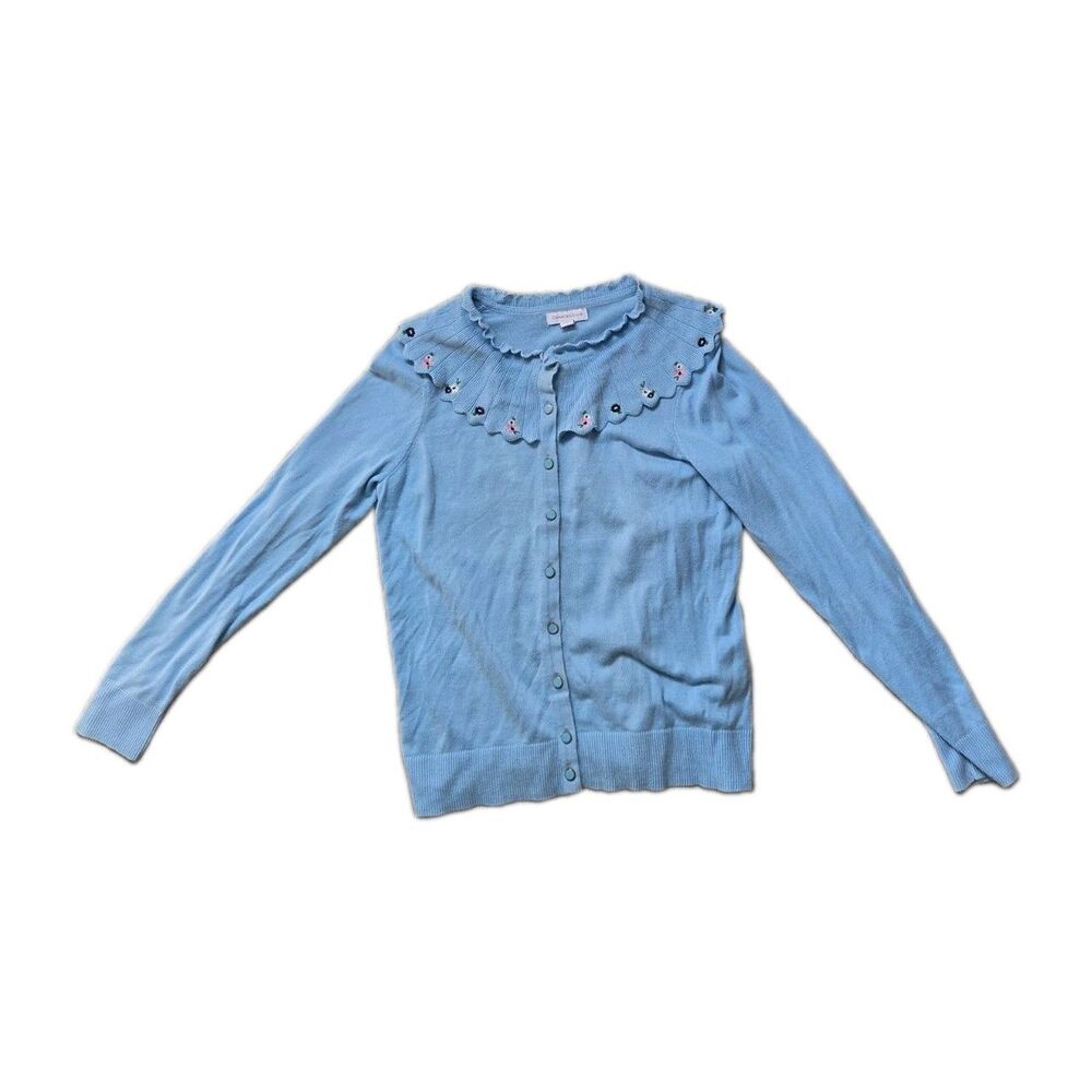 Charter Club Blue Floral Embroidered Ruffle Collar Cardigan Sweater Sz S GUC